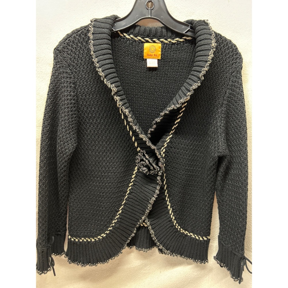 Ruby Rd Black Metallic Trim Ruffle Cardigan Rosette Flower Vintage Womens Large